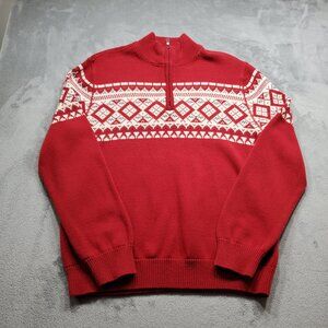 St John's Bay 1/4 Zip Ribbed Holiday Sweater White Red %100 Cotton Men Sz L